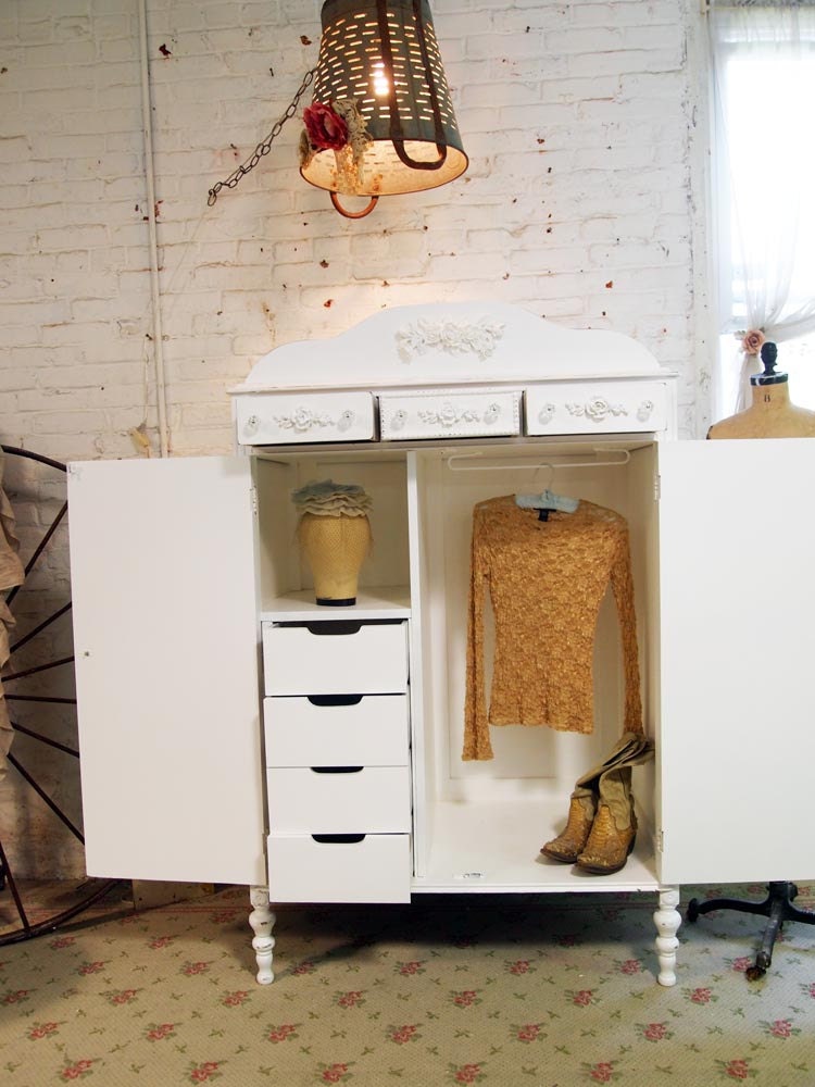 Painted Cottage Chic Shabby White Vintage Armoire AM257