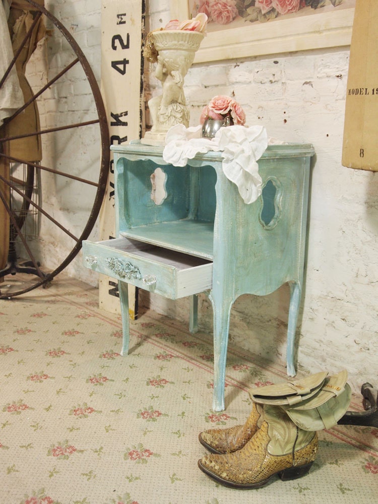 Painted Cottage Chic Shabby Aqua Romantic French Night Table NT435