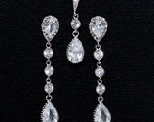 15%OFF Set of (10) - Francette - Wedding Jewelry Set - Bridesmaids, Clear White Teardrop Cubic Zirconia Crystal, Long Earrings