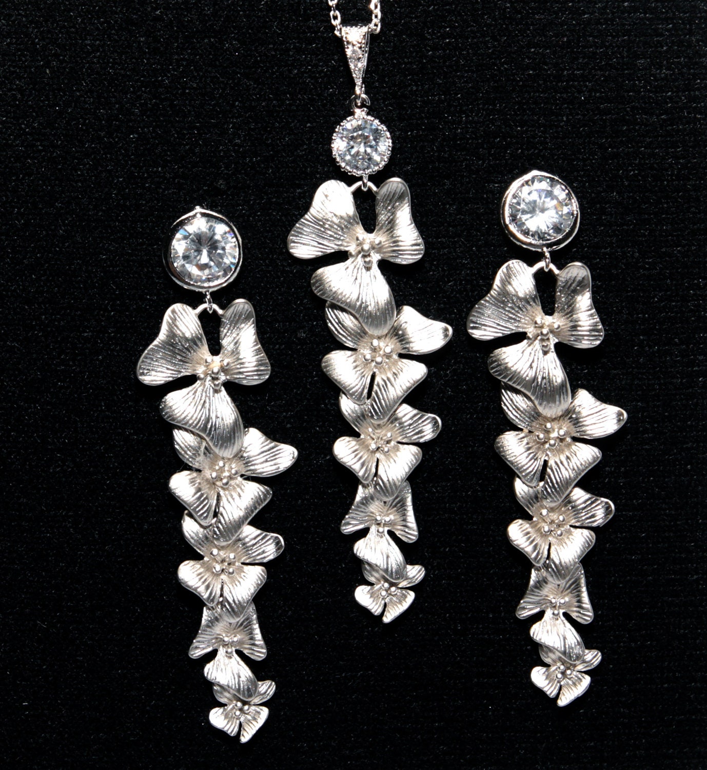 Wedding Jewelry Set - Bridal Necklace and Earrings, Bridesmaids, Clear White Round Cubic Zirconia Crystal, Long Earrings, Orchids