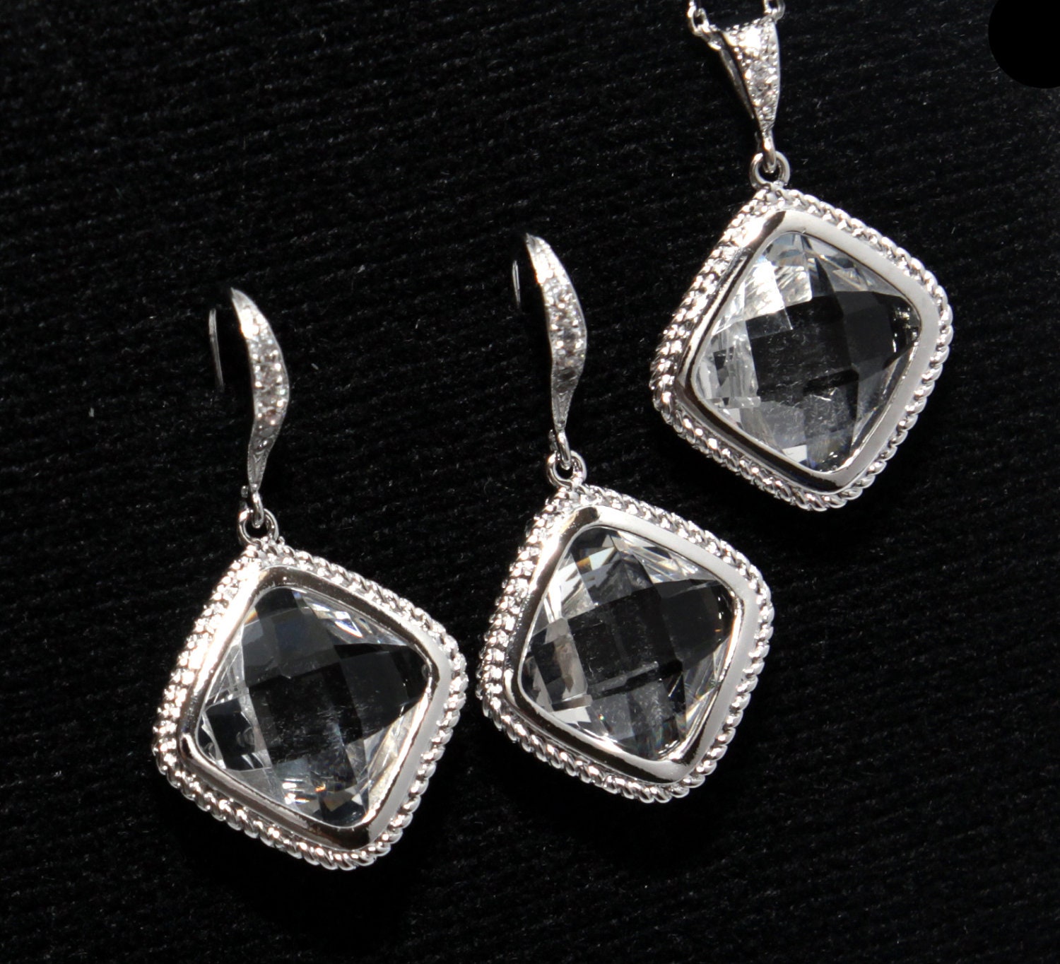 Jewelry Set - Necklace and Earrings, Bridesmaids, Clear Framed Rounded Square Glass Crystal, Big Diamond Earrings