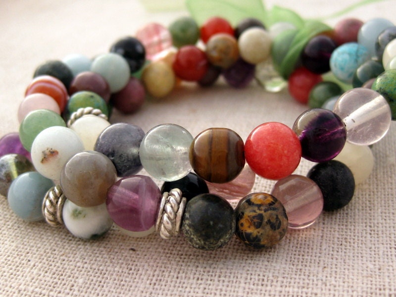 stone bead small stacking bracelets, set of three, multicolor, stretch stone beaded layering