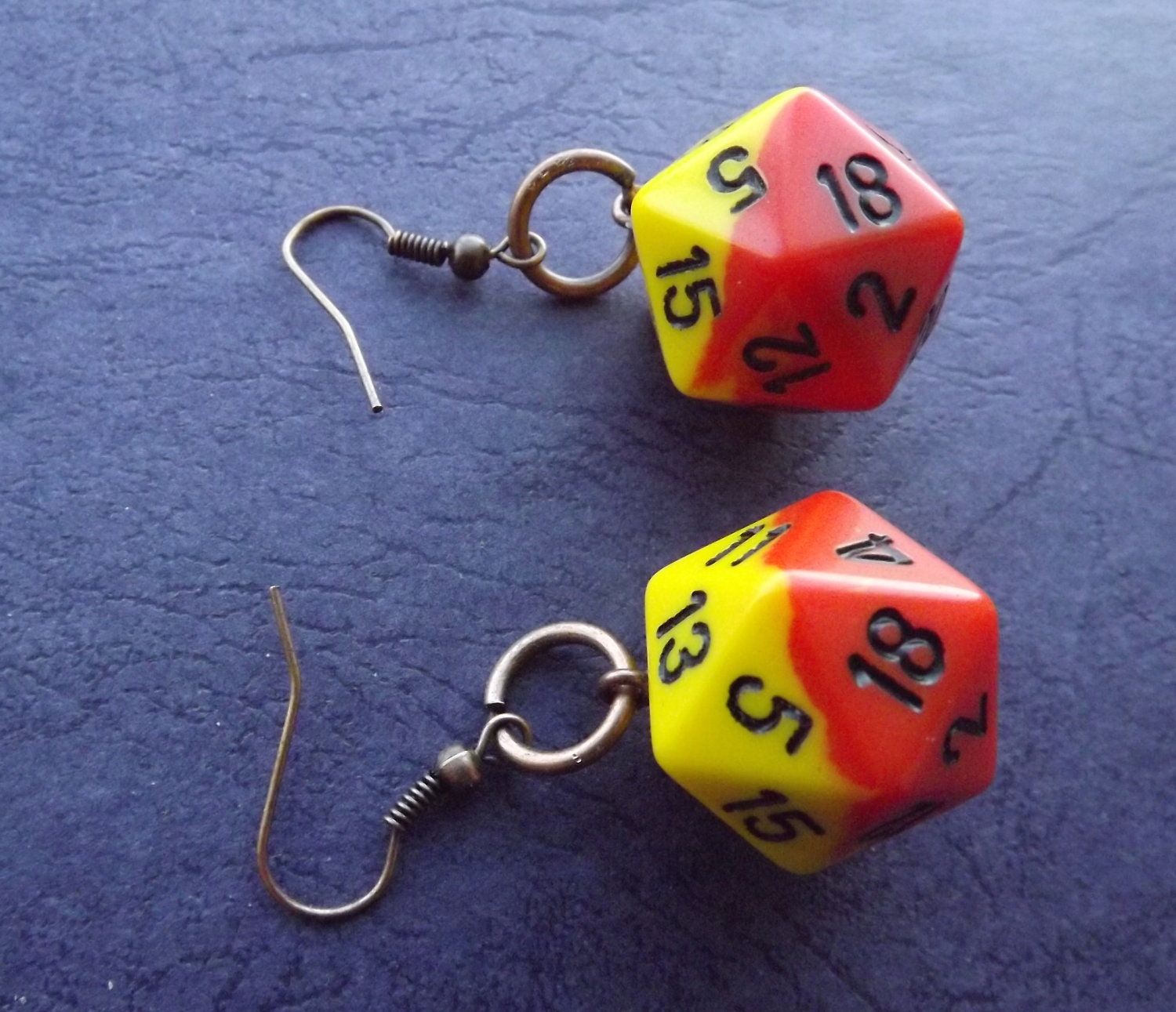 Earrings d20 20 Sided Dice Die Opaque Yellow and bold orange color with copper loop style ear rings D&D Gamer Girl