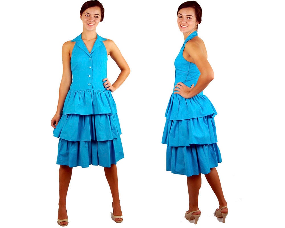 Vintage halter sundress, tiered ruffled dress, 1980s ruffled dress, turquoise dress, Ned Gould, Size S