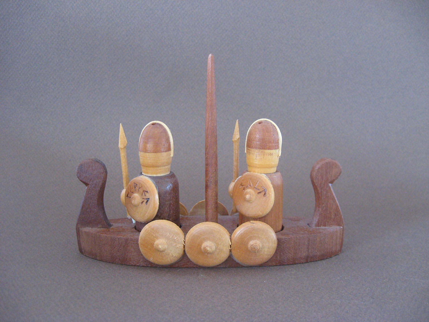 Ships Free - Vintage Wooden Vikings in Boat Salt and Pepper Shaker Set