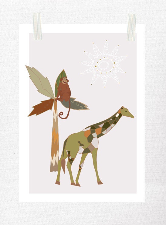Jungle Giraffe Monkey art for kids ( Giraffe theme nursery, Monkey friend, Palm tree, Color green)