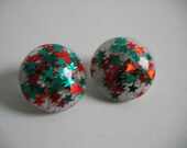 Vintage 1950's, Lucite Confetti Clip on Earrings.  Red and Green Stars.