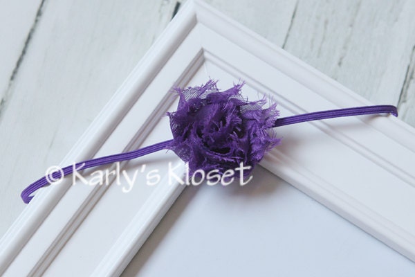 Purple Shabby Chic Chiffon Flower Skinny Elastic Headband - Newborn Baby Girl Photography Photo Prop