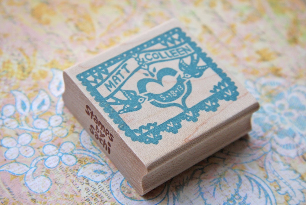 Hand Carved Mounted Papel Picado Wedding Stamp - Return Address, Stationery, Invitations, Thank You Cards, Christmas Cards -
