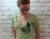 Hummingbird Women's Deep Vneck Tshirt, Bird ladies cotton Vneck tee shirt in green or custom colors