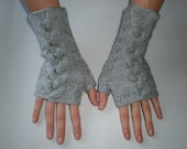 Hand-knitted women light grey wrist warmers with cables
