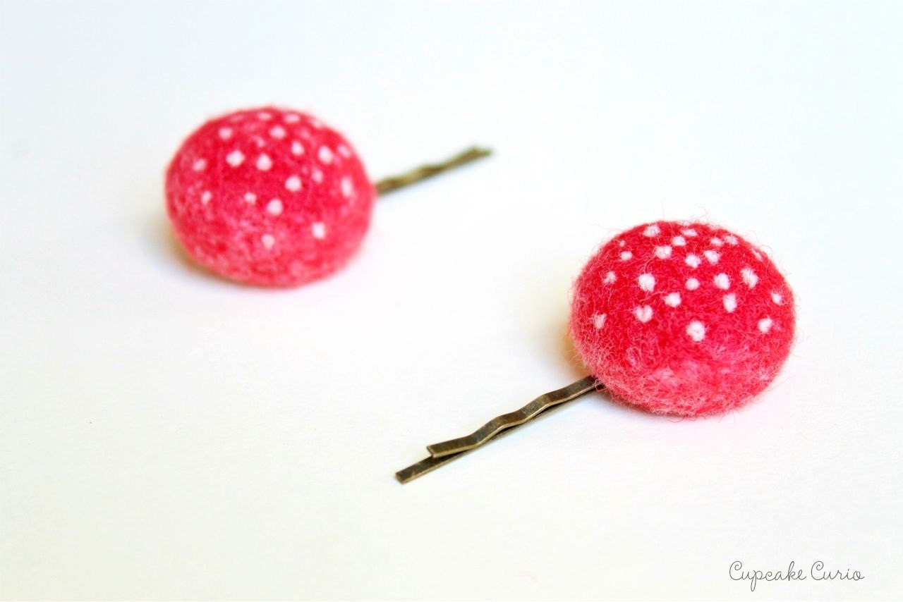 Miniature Needle Felted Amanita Mushroom Cap Hair Pins