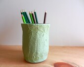 green pencil holder / green office decor / light green cup / handcrafted pencil cup