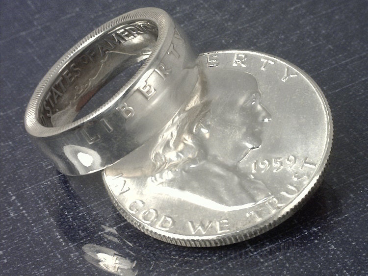 COIN RING JEWELRY (Franklin Half Dollar) (Obverse Orientation) Choose The (Year and Ring Size) You Want