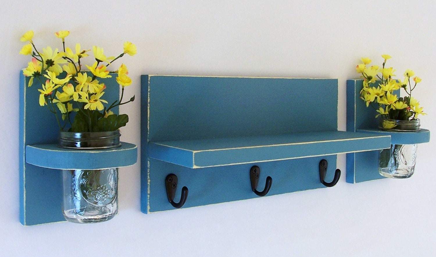 Shelf with Key Hooks and Wall Sconces  - Three Piece Set