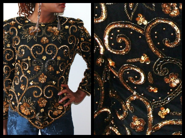 Vintage 80s Sequin Blouse/Beaded Blouse/Cocktail Blouse/ Size Small/Medium