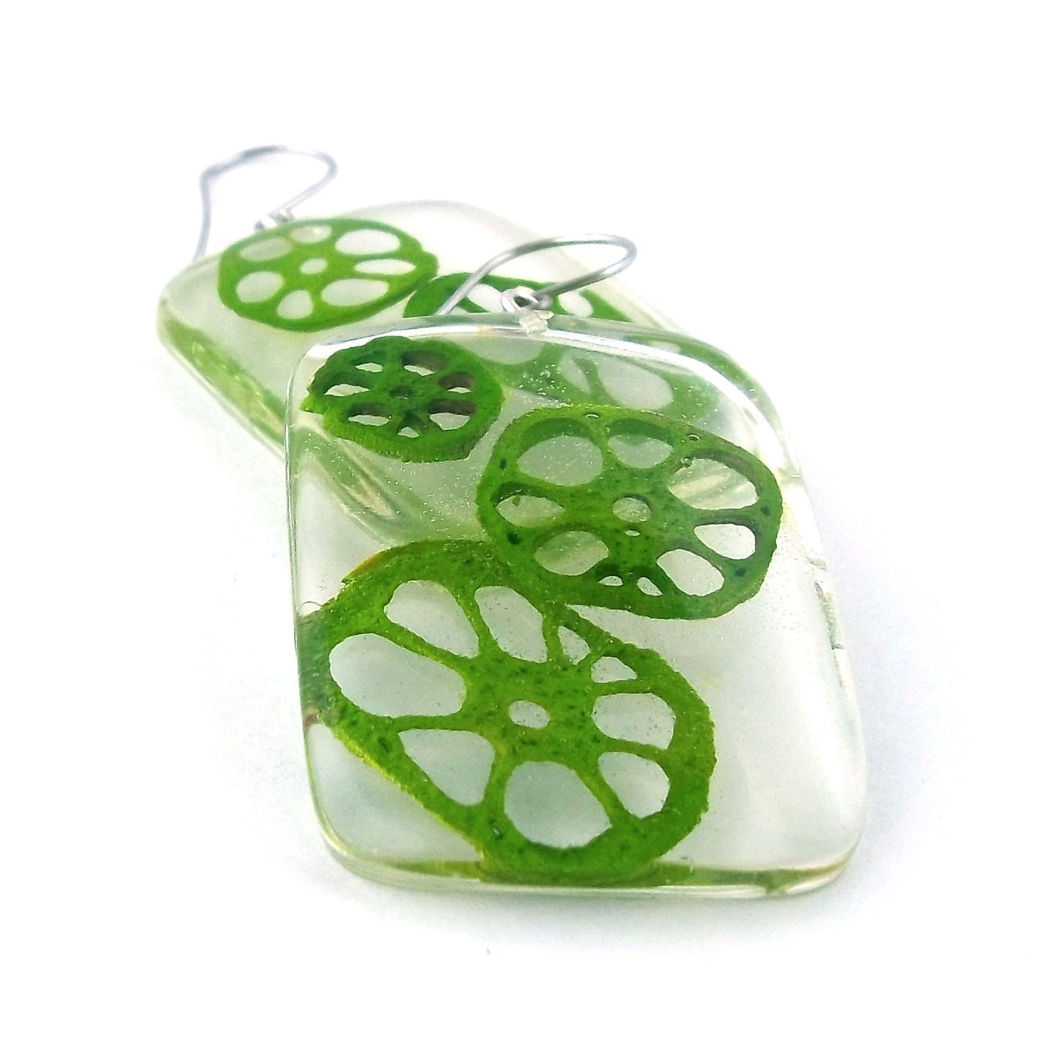 Lotus Stem Statement Earrings.  Contemporary Resin Botanical Earrings.  Green Lotus Stems