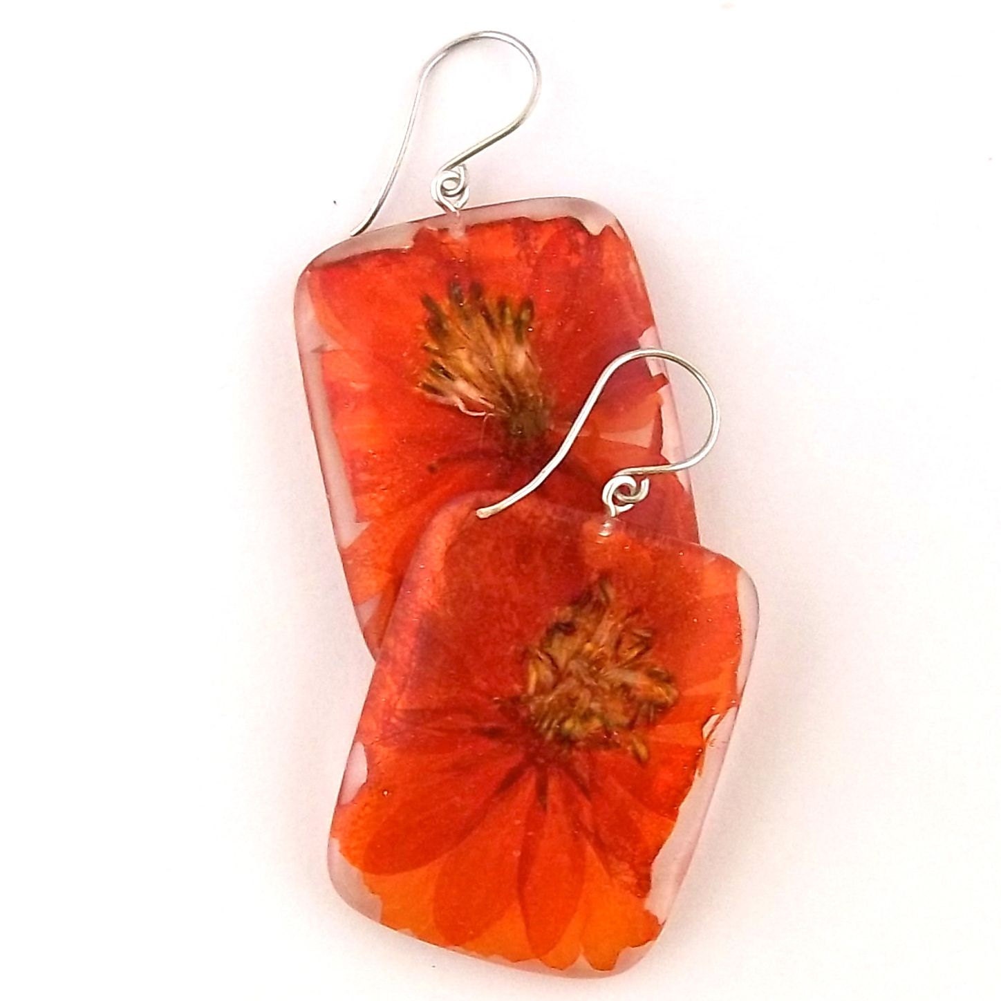 Large Resin Statement Earrings.  Contemporary Orange Botanical Earrings.  Orange Cosmos