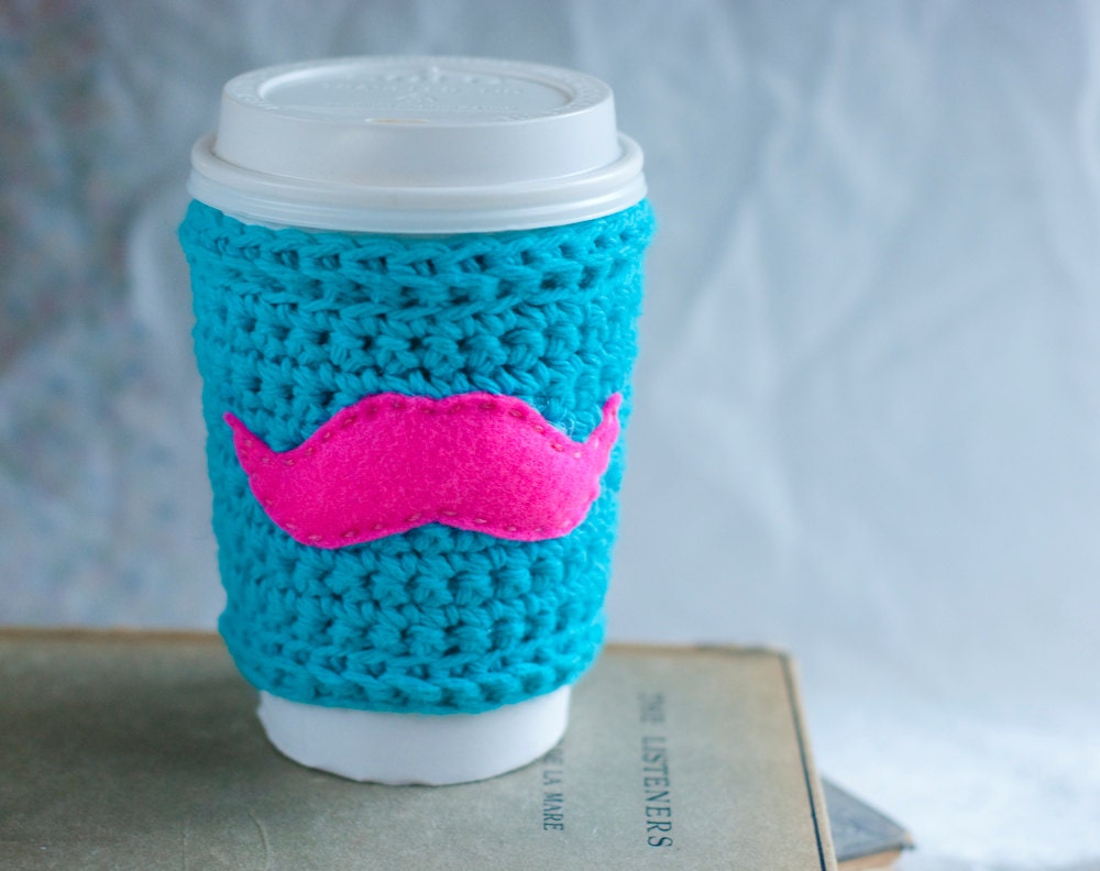 Crocheted cup cozy, mustache coffee cup sleeve aqua and pink