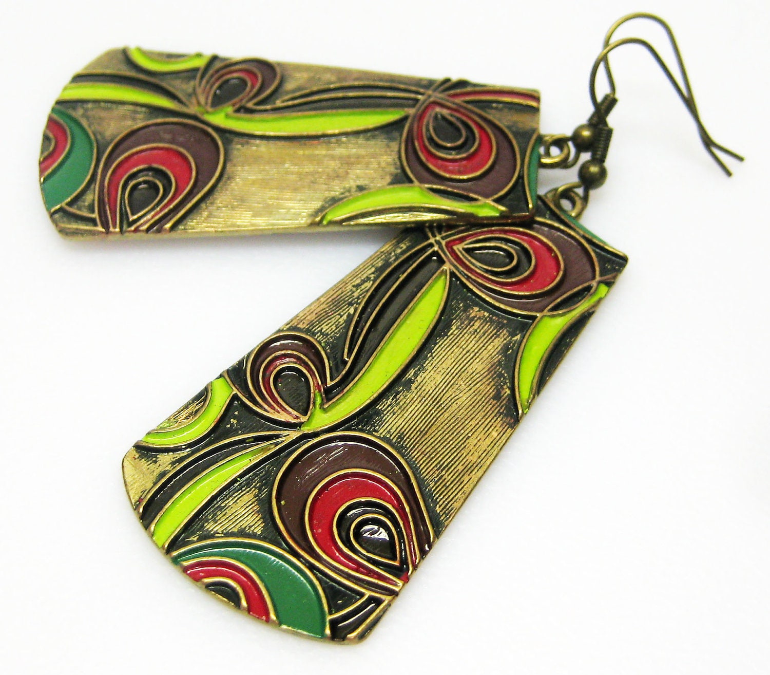 Brass Earrings - Art Deco - Dark Pink - Lime Green - Dangle