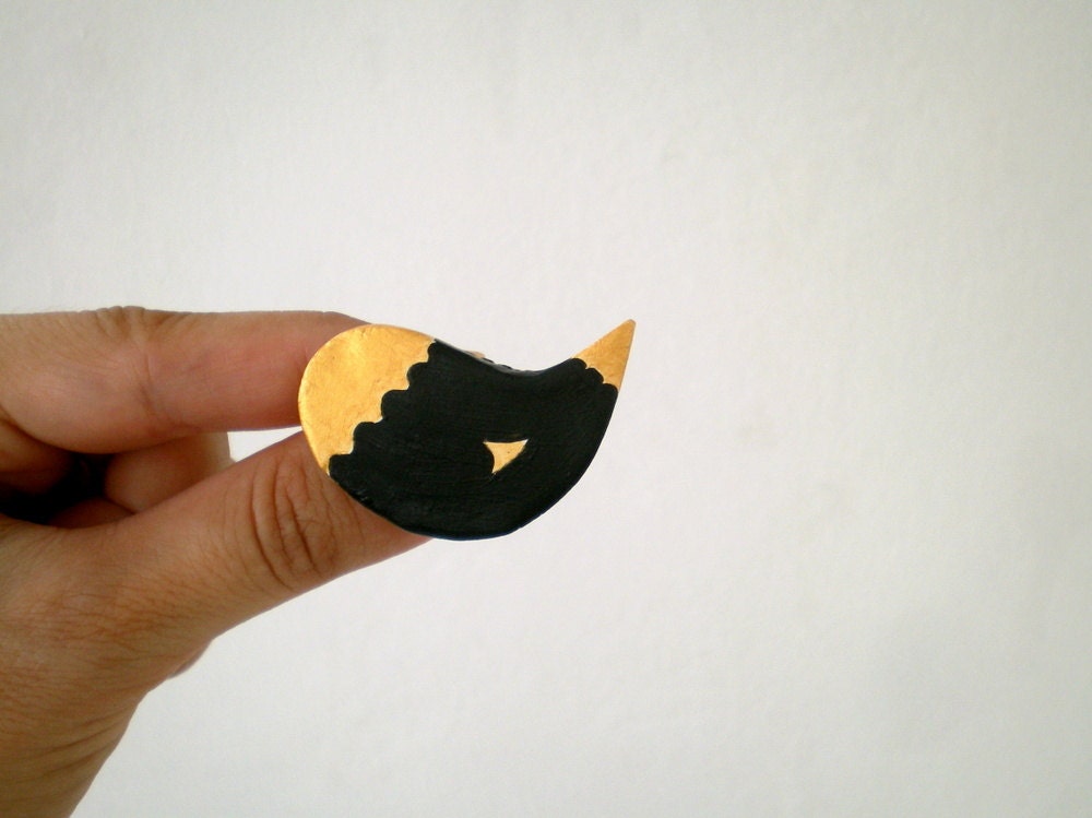 SALE - Black Gold Bird Brooch , handpainted  minimal bird pin,  gift for her mom