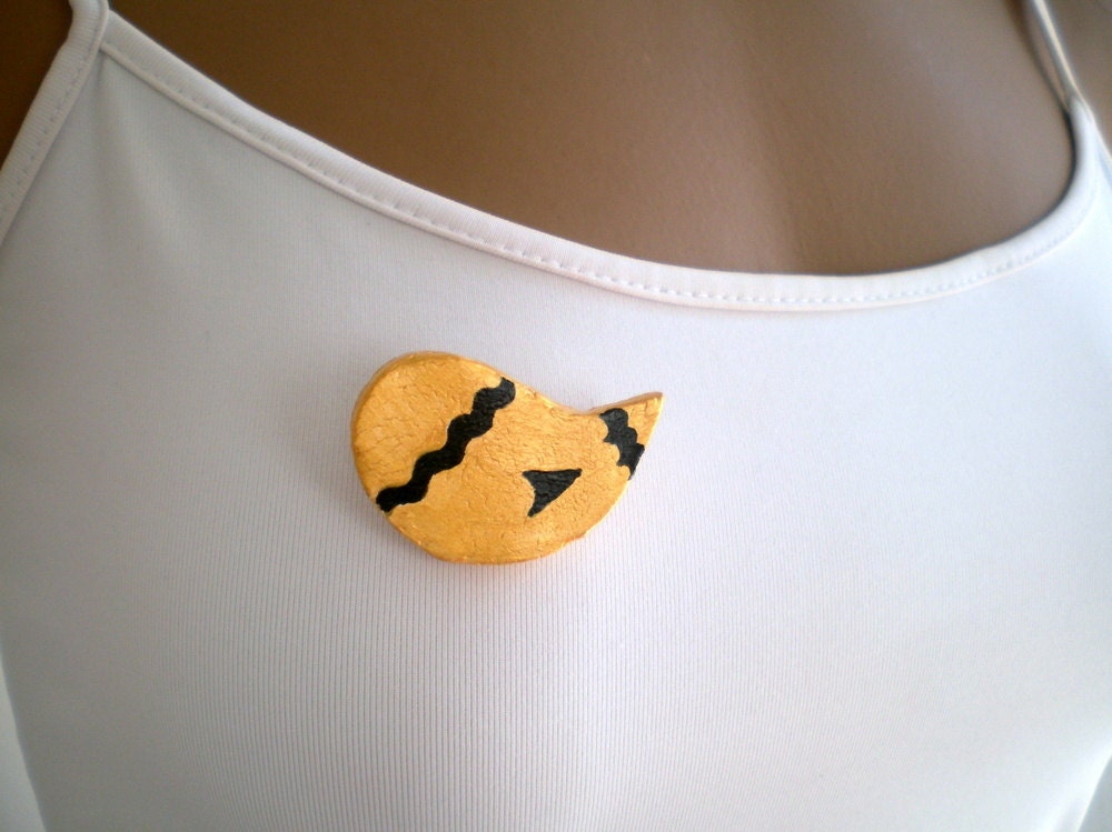 SPRING SALE- Gold with Black Bird Brooch, handpainted bird pin