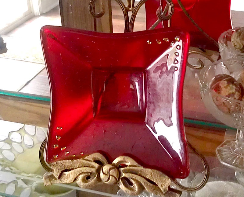 Red Dish, Home Decor, Functional Art, Table Art, Gold Dichroic Accents, Square, Fused Glass