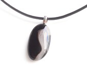 Black and Stone Beige Fused Glass Pendant Necklace Jewelry Men Women