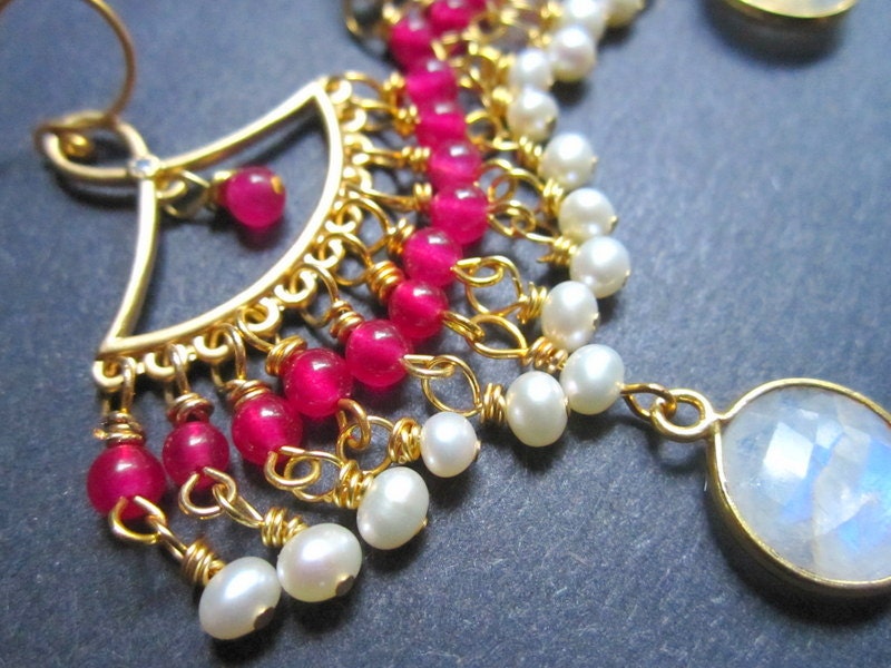 Gold Chandelier Earrings Bridal Bollywood Hot Pink Pearl Moonstones by MinouBazaar
