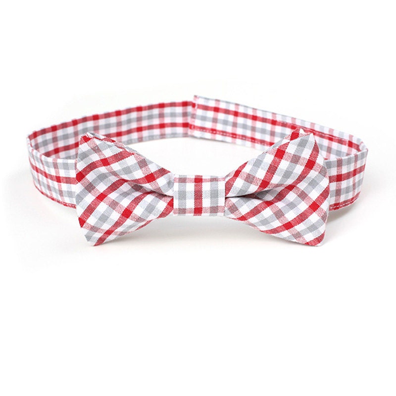 Infant, Toddler or Child Size Boys Bow Tie- Red, Grey and White Plaid