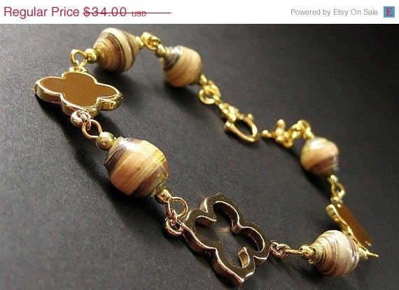 SUMMER SALE - Clover Beaded Bracelet in Gold and Brown with Fair Trade Beads. Handmade Jewelry by Gilliauna