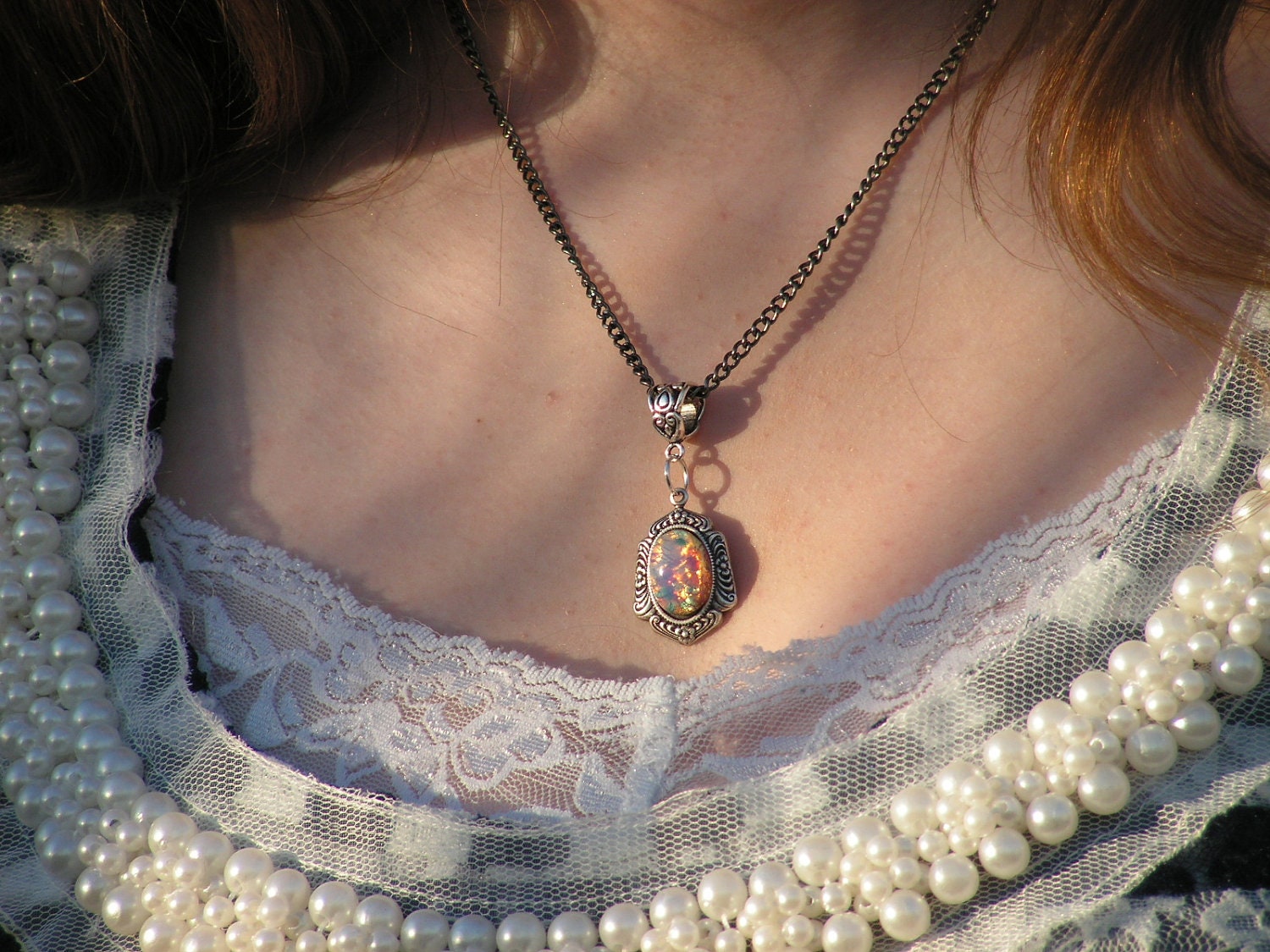 Vintage Style Necklace Pink Fire Opal Exquisite Victorian in Sterling Finish