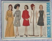 Vogue Basic Design 2067 Late 1960's-Early 1970's Vintage A-Line Dress Pattern with Hemline, Neckline and Sleeve Variations Size 10