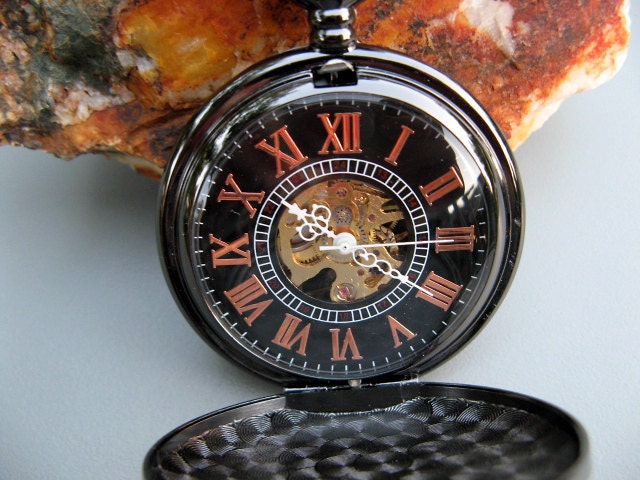 Black Engravable Pocket Watch, Mechanical 17 Jewel, Pocket Watch Chain, Groom - Groomsmen - Item MPW821