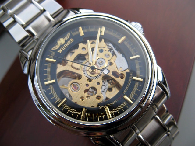 Sleek Classic Mechanical Wrist Watch (Automatic) with Stainless Steel Watch Band - Steampunk - Men - Groomsmen - Watch - Item MWA007
