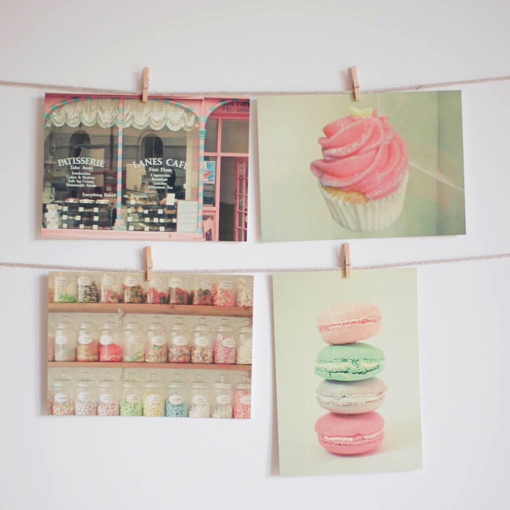 Food postcard set - Pastel candy colours, kitchen art - Set of Four Postcards - Sweet Things