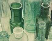 Ten Green Bottles - Still life photography, vintage bottles, kitchen decor, bathroom wall art, shades of green 8x8 Print