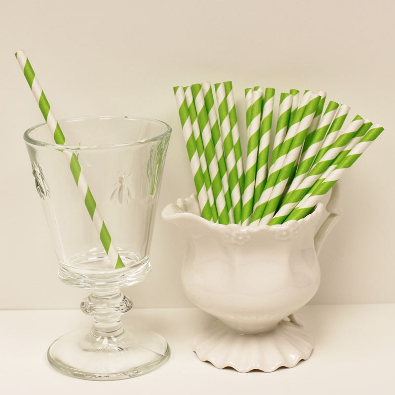 Paper Straws, 25 Lime Green Stripe Cocktail Paper Straws with DIY printable flags, Cocktails,Drink Stirrers,Sip & Stir Straws