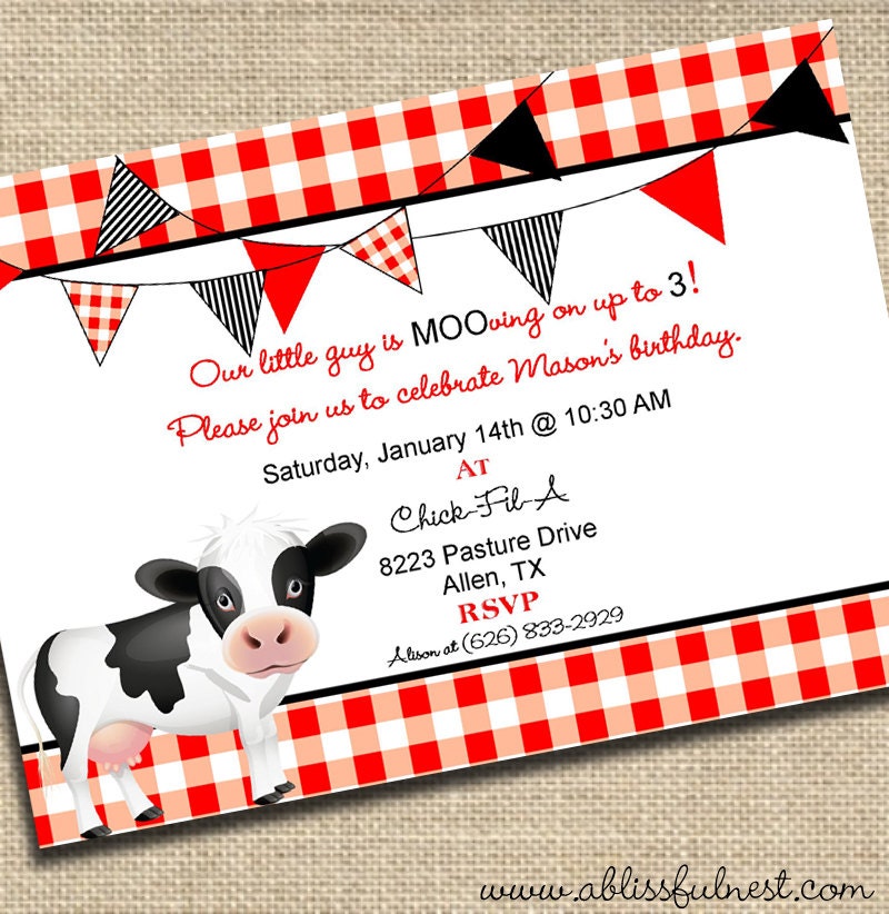 Cow Barnyard Animal Invitation - Chick Fil A Invitation - PRINTABLE Party Invitation - By A Blissful Nest Il_570xn