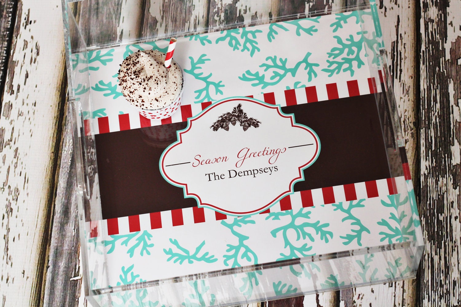 Acrylic Lucite Tray - Coral Christmas Holiday 12x12 Tray - By A Blissful Nest - Personalized Il_570xn