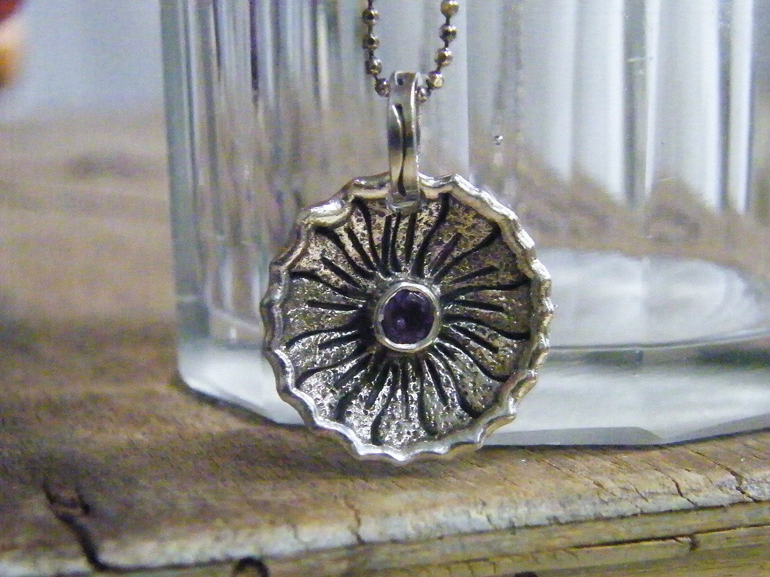 purple amethyst  vintage flair deep sterling silver cupped floral necklace with faceted bezeled gemstone