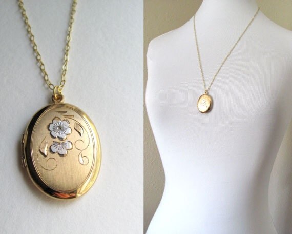 Stunning vintage 14k gold oval locket, etched engraved floral design with silver flowers, 1950s or 60s, on long delicate gold chain