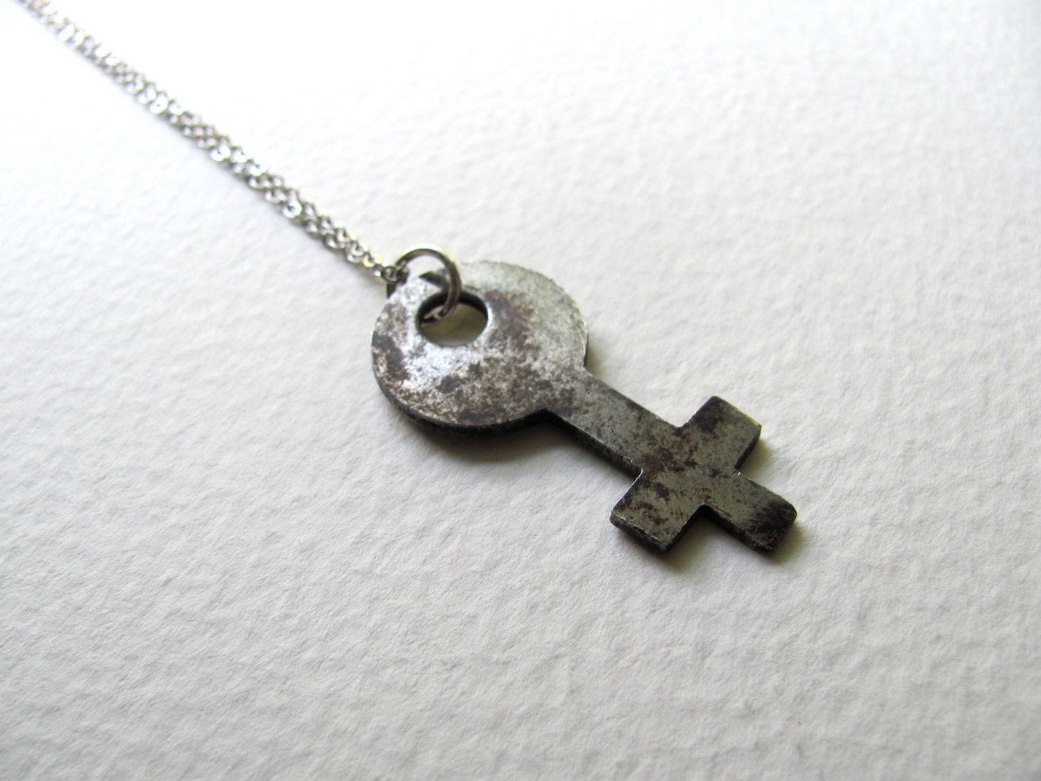 Antique silver skeleton cross key necklace on sterling plated chain, one of a kind