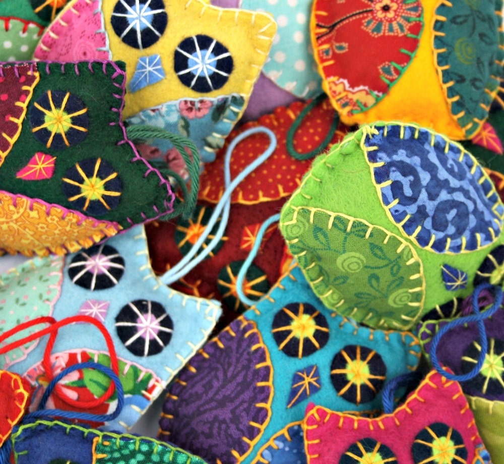 Colourful owl ornaments. 3 patchwork felt owls