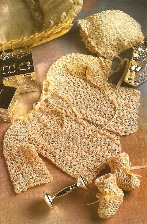X255 Crochet PATTERN ONLY Old-Fashioned Baby Sweater Booties & Hat Set