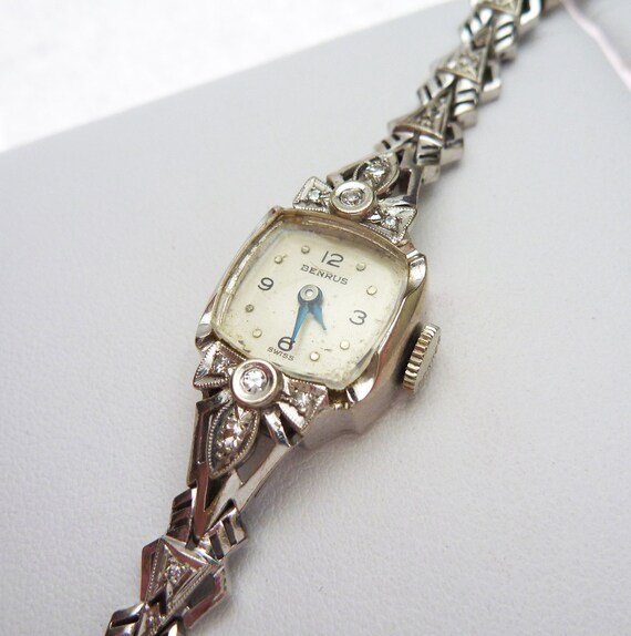 Benrus 14k and 10 pt Diamond Ladies Watch 1940s by KlinesJewelry