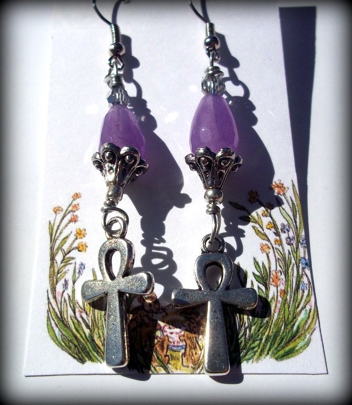 Ankh Earrings Egyptian Cross With Lavender Jade Stones