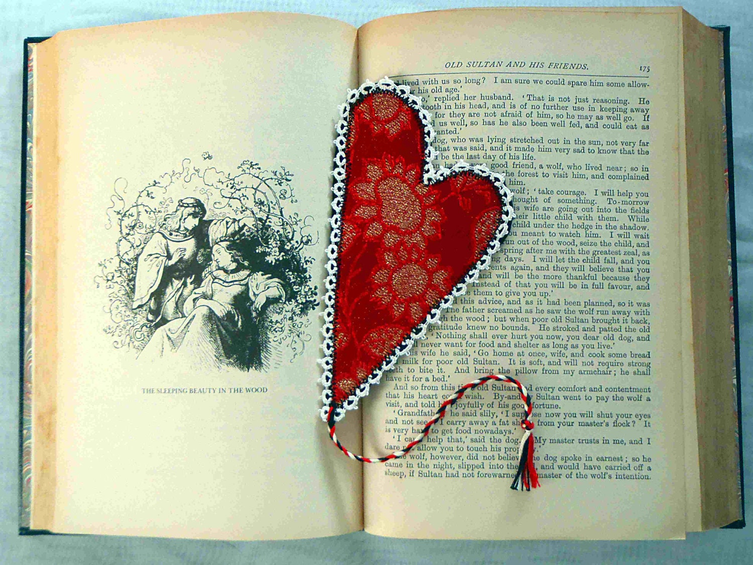 Mother's Day Heart Bookmark, Vintage Red Fabric, Lace Tatting