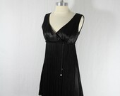 Little Black Dress - 1960's Cocktail Party Dress - Mini Black Satin with Fringe Skirt Party Frock