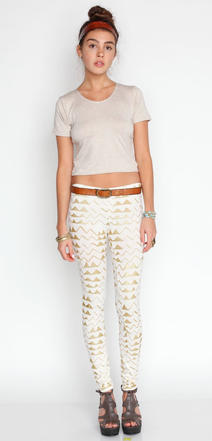 Hand Printed 'Mountain' Leggings in Gold on Creme